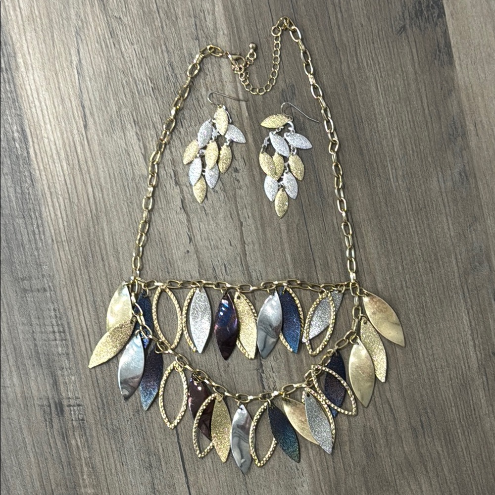 SET! Gold and Silver Layered Leaf Necklace with earrings.